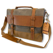 Load image into Gallery viewer, Saxon Waterproof Vintage Waxed Canvas Genuine Leather Laptop Bag 15 inch - trendyful