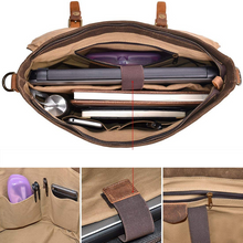 Load image into Gallery viewer, Saxon Waterproof Vintage Waxed Canvas Genuine Leather Laptop Bag 15 inch - trendyful